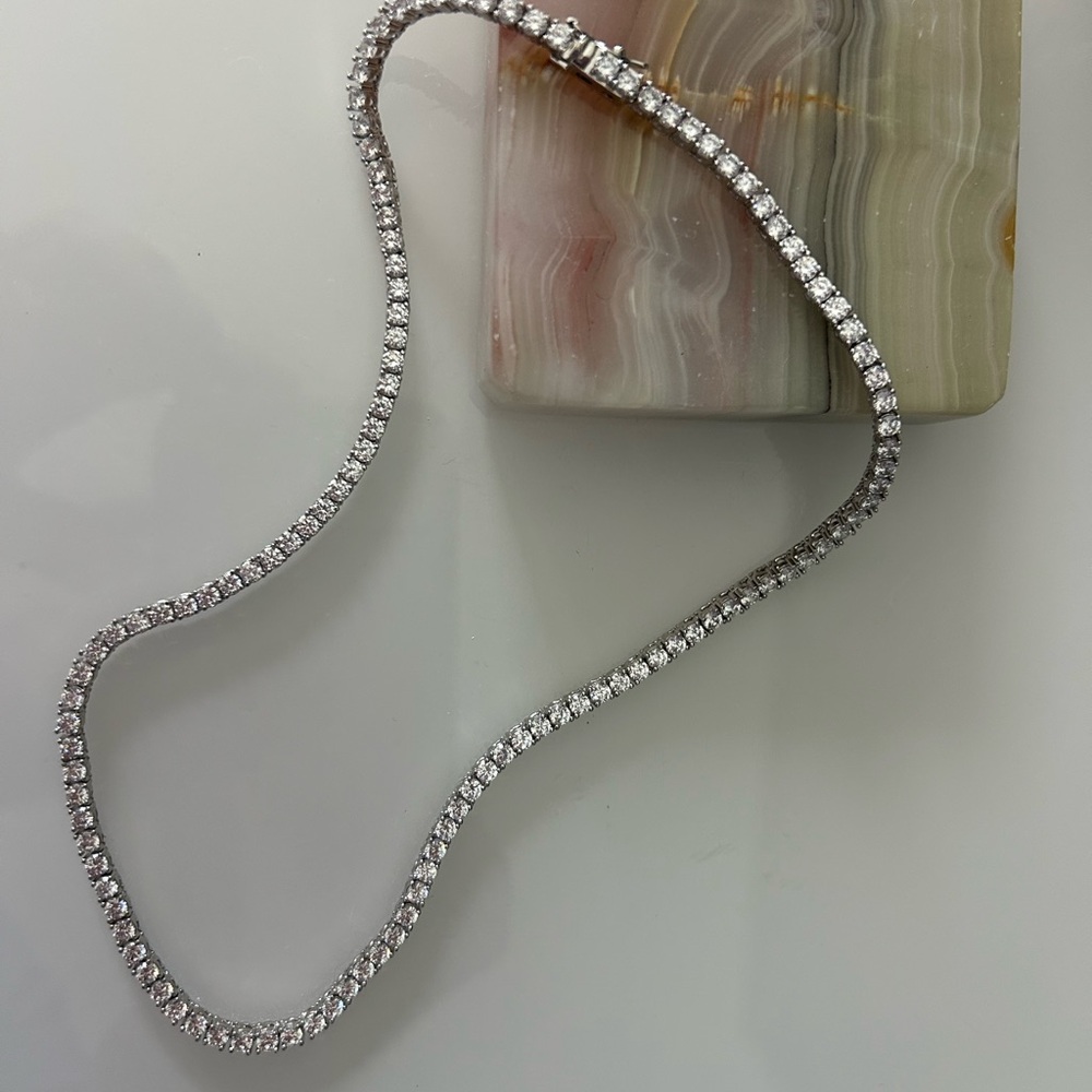 18kt White Gold Plated 3.0mm Round Cubic Zirconia Tennis Necklace 16”